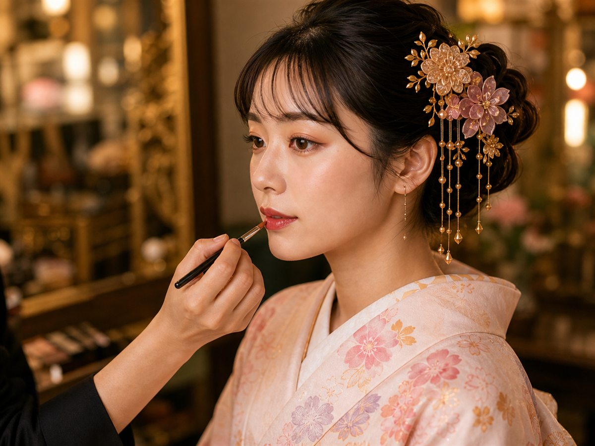 Illustration of Japanese-style makeup with kimono
