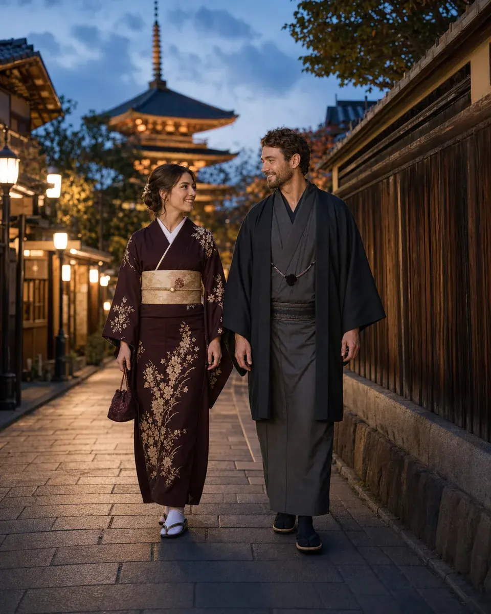 Illustration of enjoying Asakusa at night in kimono