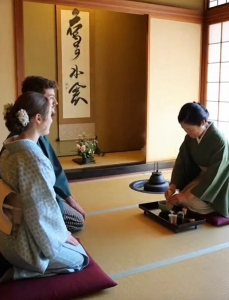 Guests taking part in a tea ceremony in a tatami room