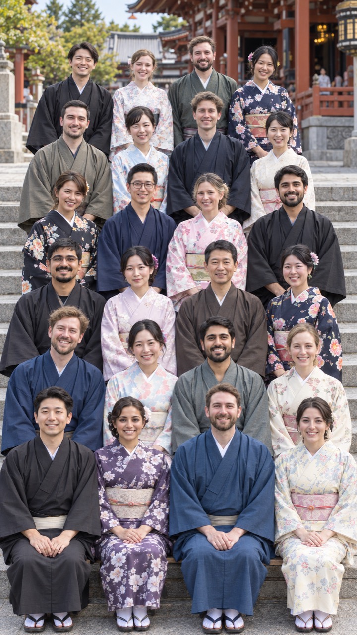 Illustration for the group plan for 20 or more: a large group in kimono