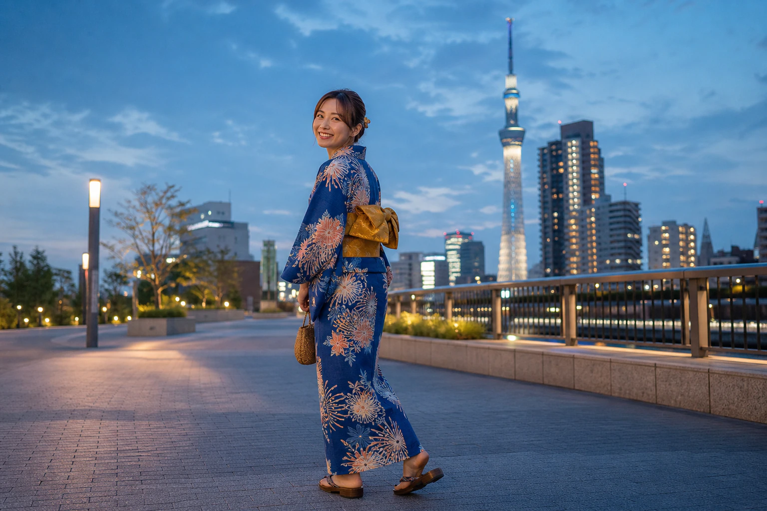 Illustration of enjoying the evening cityscape in kimono